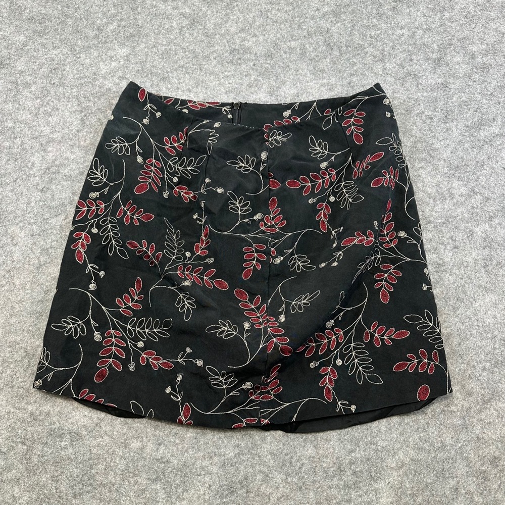 Ann Taylor Mini Skirt Womens 8 Black Silk Embroidered Floral Leaf A-Line Lined
